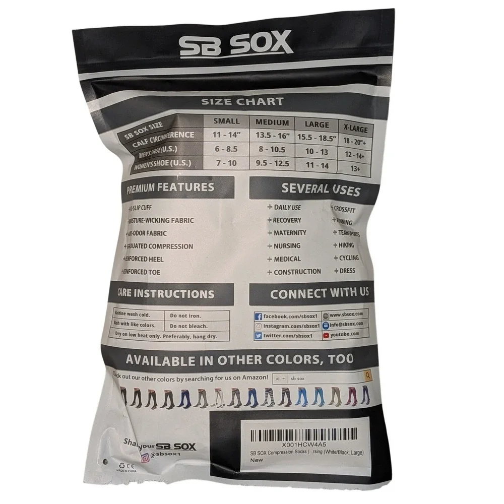 SB SOX Compression Socks Graduated‎ 20-30mmHg White Black Large NIP